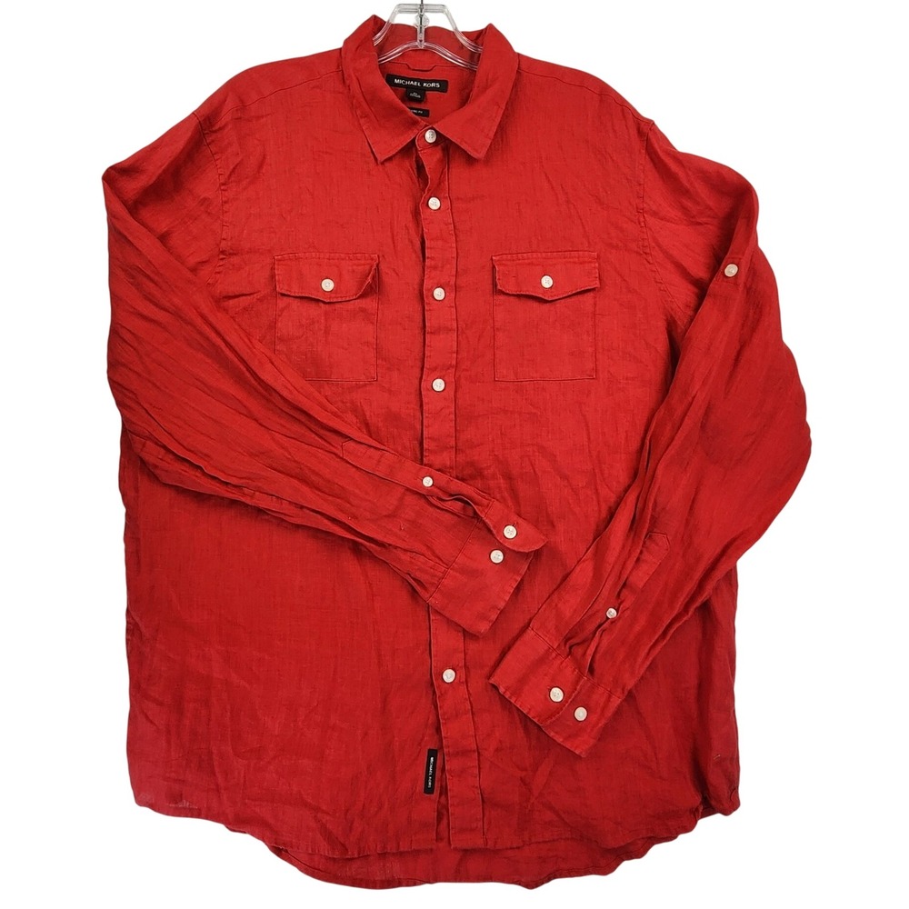 Michael Kors XL Red Linen Button Down Shirt Classic Fit Long Sleeve Roll Tab